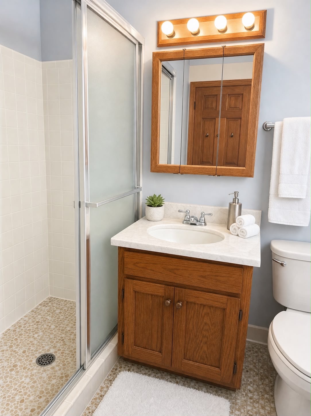 Clean shared bathroom with glass shower