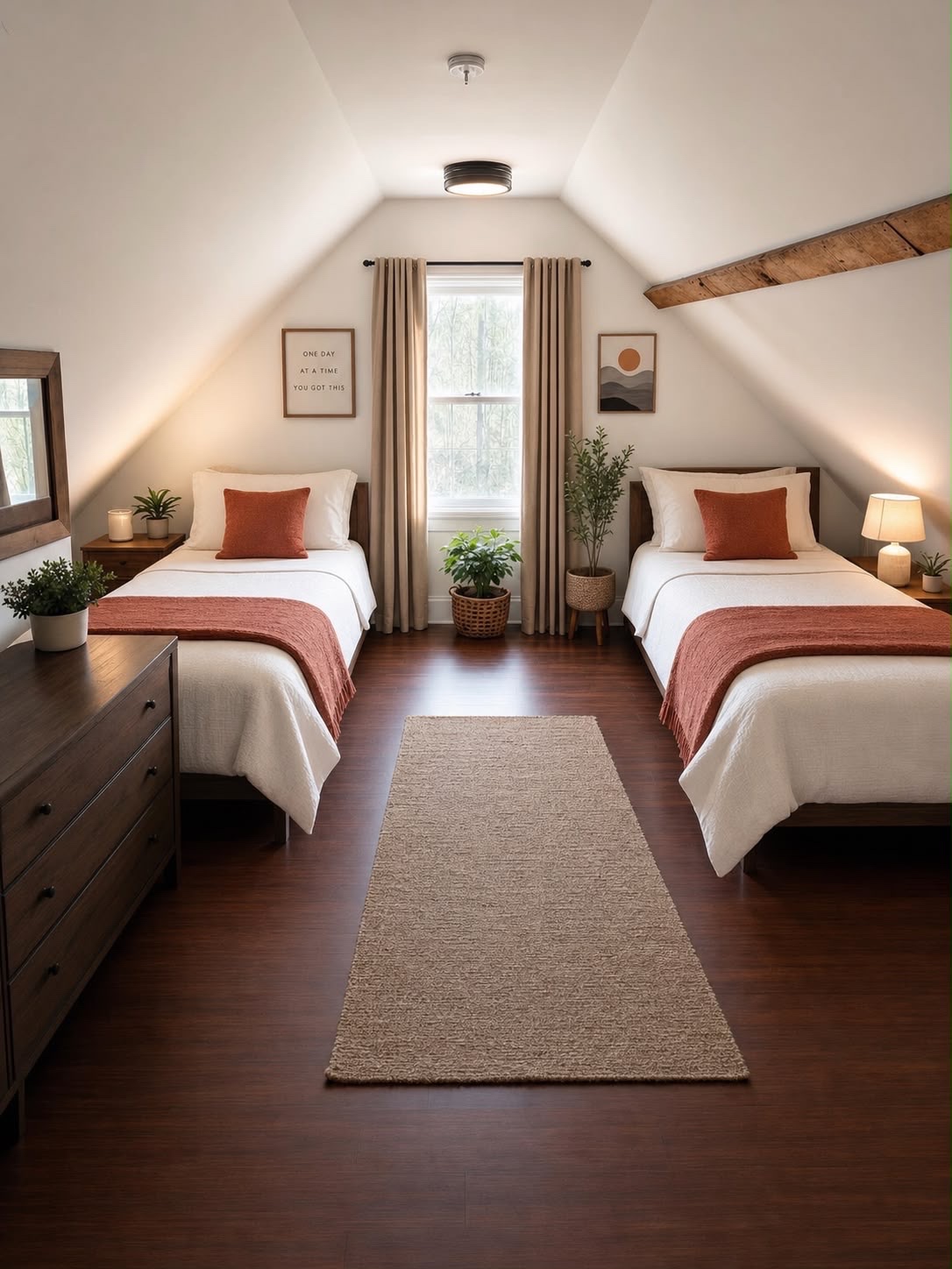 Large attic bedroom with 2 full-size beds, wood beam ceiling and hardwood floors