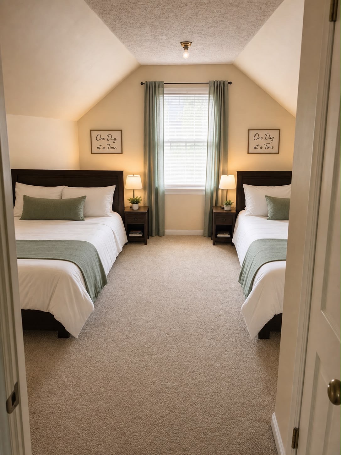 Small attic bedroom with 2 full-size beds, peaked ceiling and sage green accents