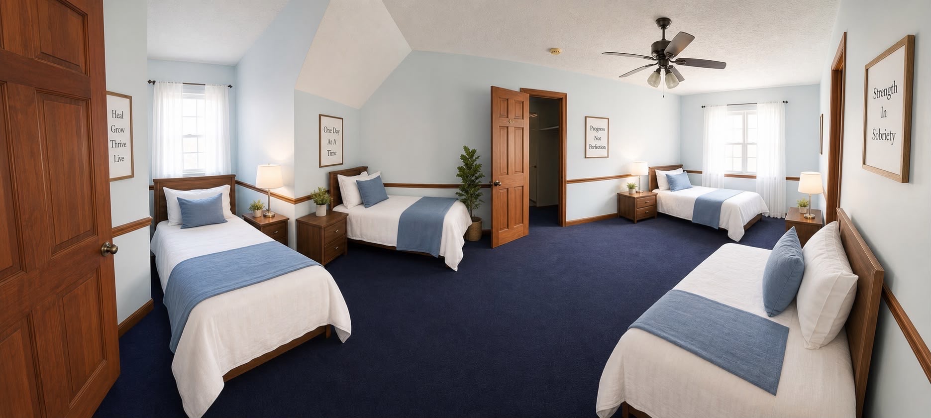 Blue panoramic bedroom with 4 full-size beds, navy carpet and light blue walls